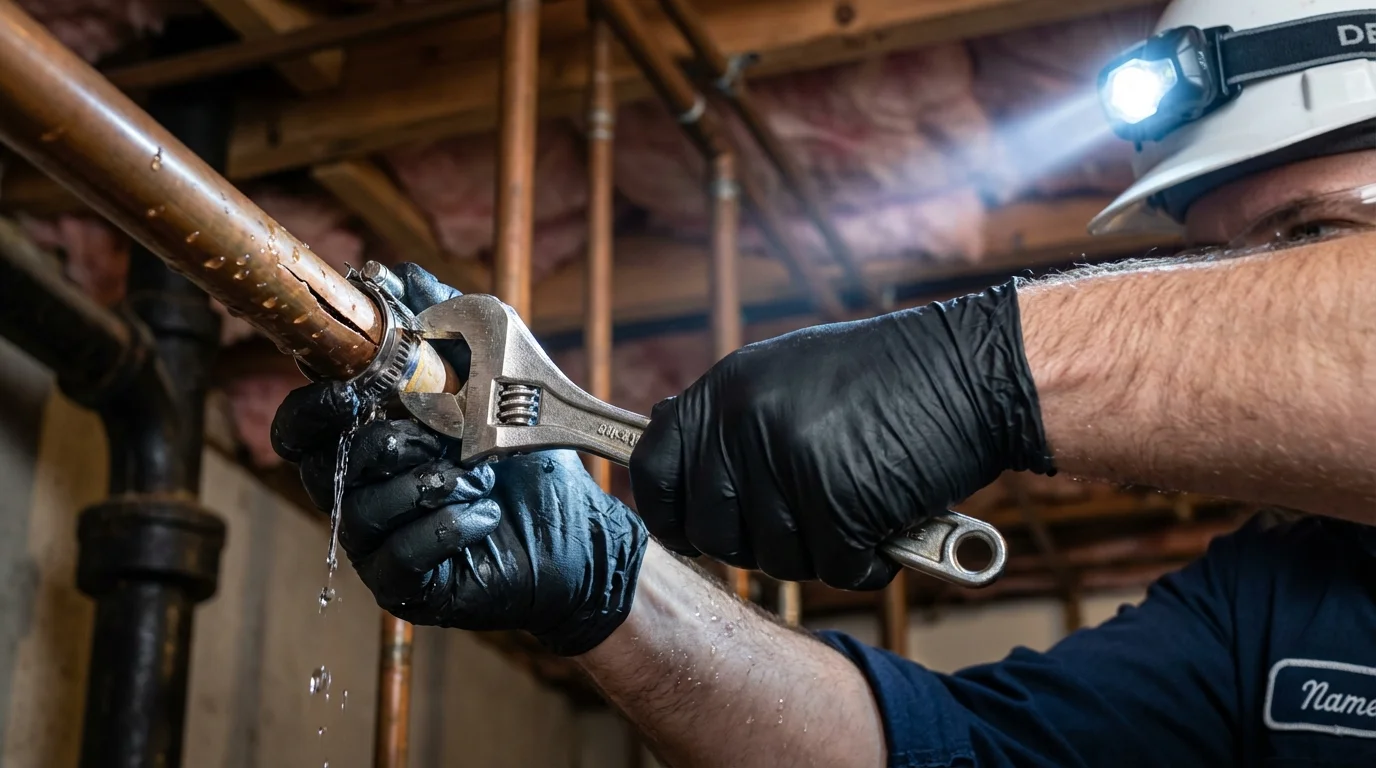 Emergency pipe clamp repair being performed by a Johns Plumbing LLC plumber in Hondo