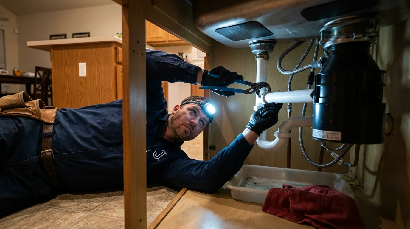 P-trap and supply line connections under a kitchen sink showing a common leak point in Hondo, TX